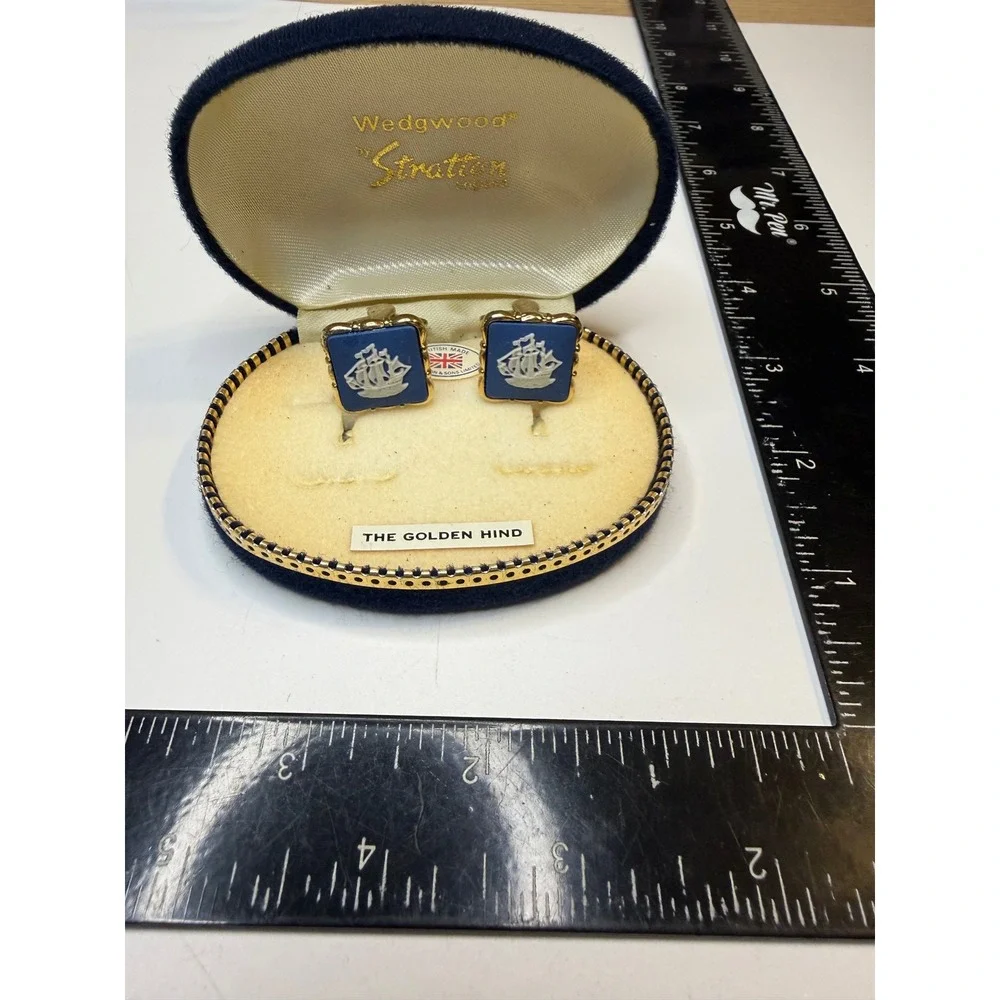 Wedgwood by Stratton Cufflinks Blue Jasperware Golden Hind Ship Gold Tone Box